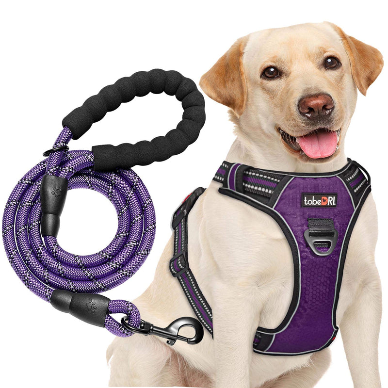 No Pull Dog Harness Adjustable Reflective Oxford Easy Control Medium Large Harness with A Free Heavy Duty 5ft Leash (L (Neck: 18"-25.5", Chest: 24.5"-33"), Purple) Purple Harness+Leash - BeesActive Australia