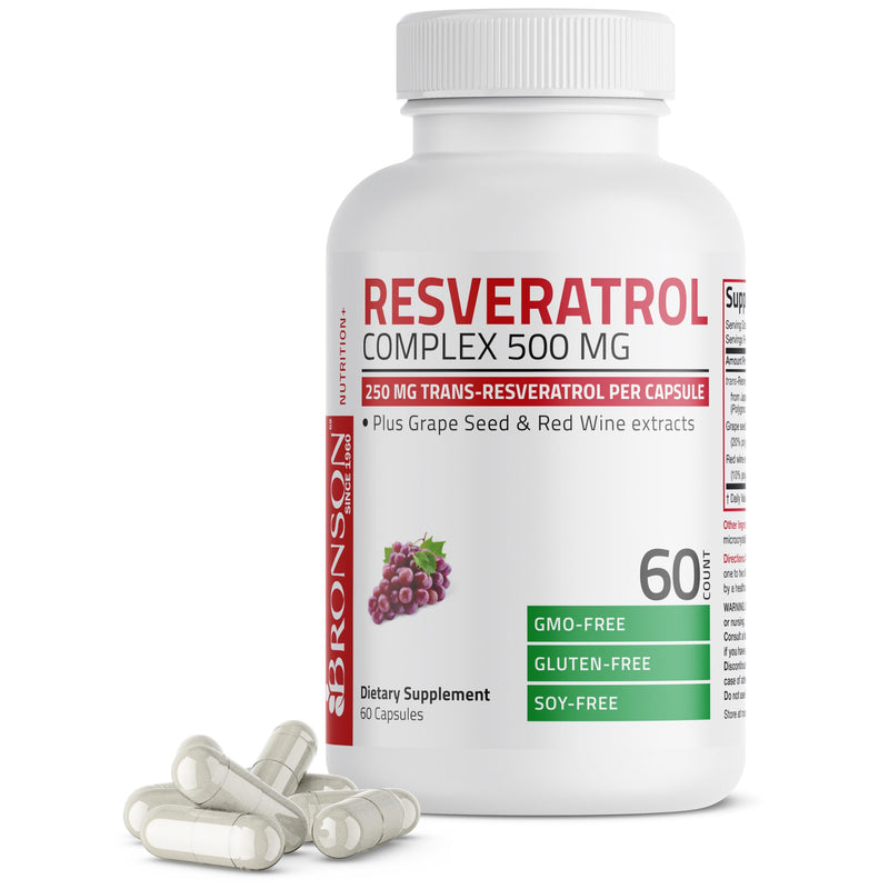 Bronson Resveratrol Complex 500 mg with Grape Seed & Red Wine, 60 Capsules | trans-Resveratrol from Japanese Knotweed, Healthy Aging & Cellular Support, Non-GMO, Gluten-Free & Soy-Free 60 Count (Pack of 1)
