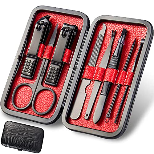 Manicure Set, Nail Clippers Set Professional Stainless Steel Grooming Kit Sharp with Black Leather Travel Case for Men Women (8 IN 1) 8 IN 1
