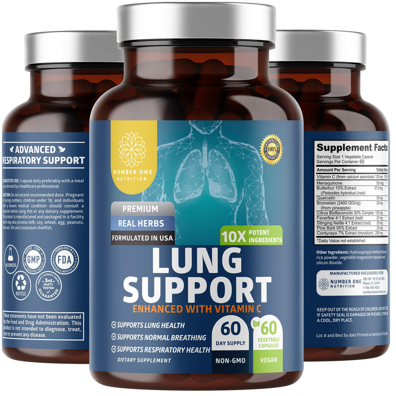 Number One Nutrition N1N Premium Lung Support Supplement [10 Potent Ingredients] Natural Lung Cleanse with Quercetin, Bromelain and Vitamin C to Help Support Respiratory Health, 60 Veg Caps