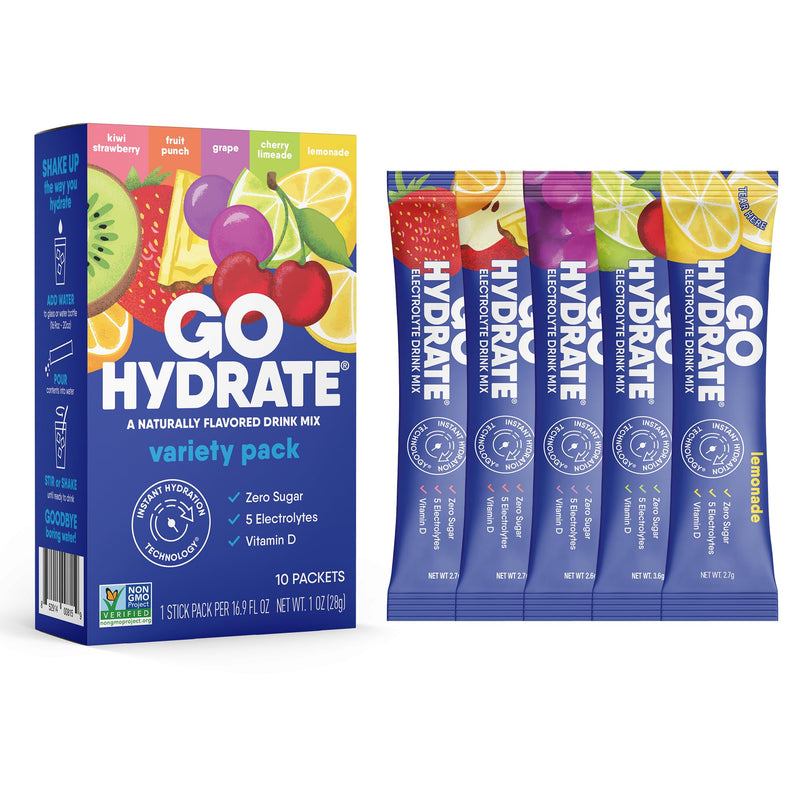 GoHydrate Instant Hydration Powder Packets - Low Sodium Electrolytes Drink Mix - Natural Hydration Support, Sugar Free Electrolyte Flavored Powder Drink with Vitamin D, 10 Packs, Mixed | Instant hydration daily drink mix; water flavor packet singles wi...