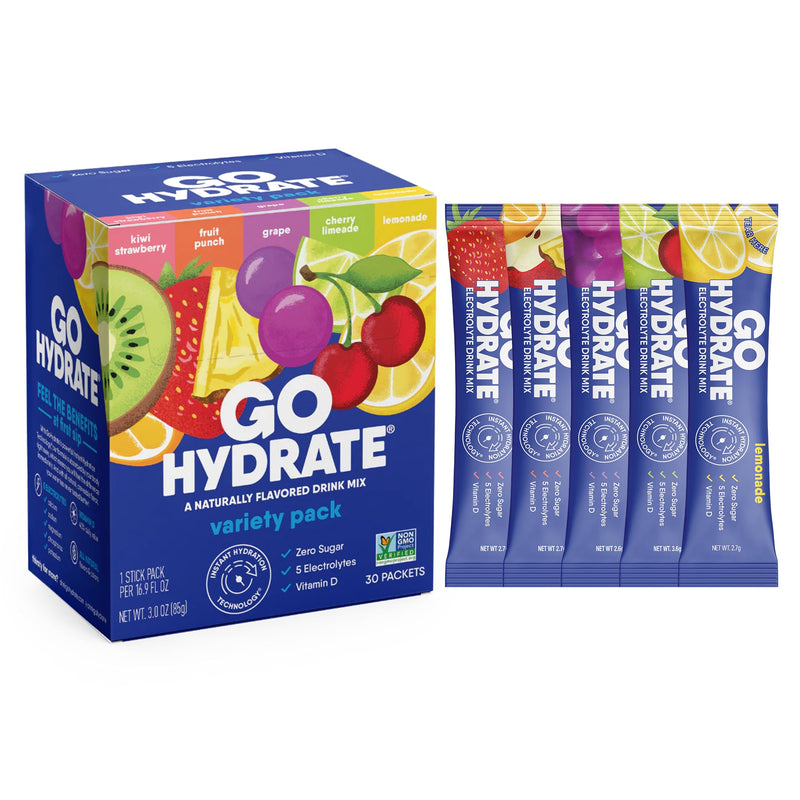 GoHydrate Low Sodium Electrolytes Powder Packets Sugar Free - Instant Hydration Daily Drink Mix - Zero Sugar Water Flavor Packet Singles with Vitamin D - (Variety Pack, 30 Packs) | Instant Hydration Daily Drink Mix; Water Flavor Packet Singles with Vit...