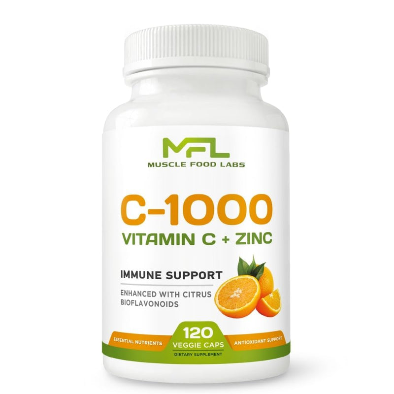 | Vitamin C + ZINC | C - 1000 | VIT C 1000mg | Zinc 25mg | Citrus Bioflavonoids 25mg | Non-GMO & Gluten Free | 120 Capsules