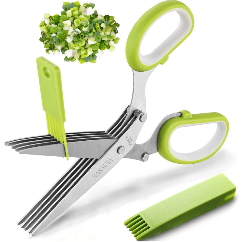 2023 Updated Herb Scissors Set - Herb Scissors With 5 Blades and Cover, Cool Kitchen Gadgets for Cutting Shredded Lettuce, Cilantro Fresh, Green Onion Fresh and etc. Also Can Used for Cutting Paper. Green and White - BeesActive Australia