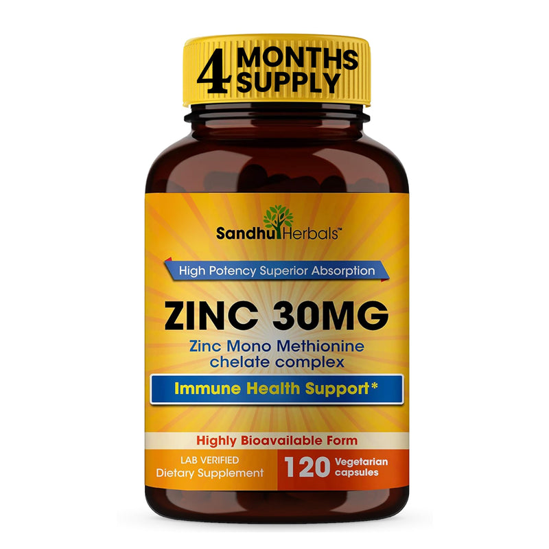 SANDHUHERBALS Zinc 30mg Capsules for Men & Women | 120 Count (Pack of 1) | Zinc Supplements for Immune & Antioxidant Support | Zink 30 mg Supplement Supports Skin Health