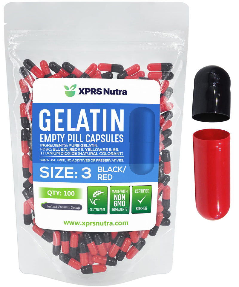 XPRS Nutra Size 3 Empty Capsules - 100 Count Empty Gelatin Capsules - Pills DIY Capsule Filling - Pure Bovine Pill Gel Caps Fillable for Do-It-Yourself Vitamins and Supplements (Black/Red) 100 Count (Pack of 1) Black / Red