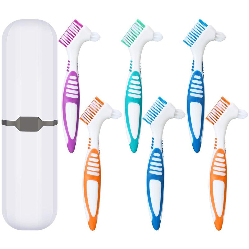 WILLBOND 6 Pieces Denture Brushes Retainer Brush Cleaning Hard Denture Toothbrush with White Carrying Case for False Teeth Cleaning(Green, Purple, Blue and Orange) Green, Purple, Blue and Orange