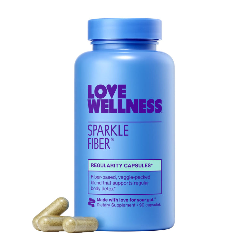 Love Wellness Sparkle Fiber| Fiber Supplement with Digestive Enzymes| 90 Ct | Contains psyllium husk, greens superfood blend, Flax & chia seeds, Fiber-rich veggies, Clean formula, Non-GMO, gluten-free