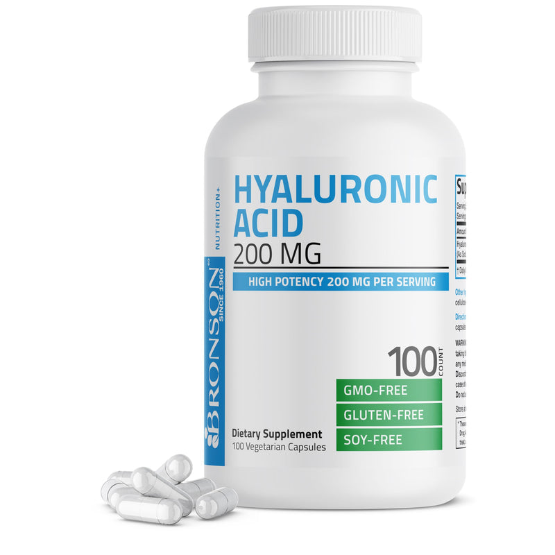 Bronson Hyaluronic Acid 200 mg as Sodium Hyaluronate, 100 Capsules | Joint Health & Skin Hydration Support, High Potency Formula, Vegetarian, Non-GMO, Gluten-Free & Soy-Free 100 Count (Pack of 1)