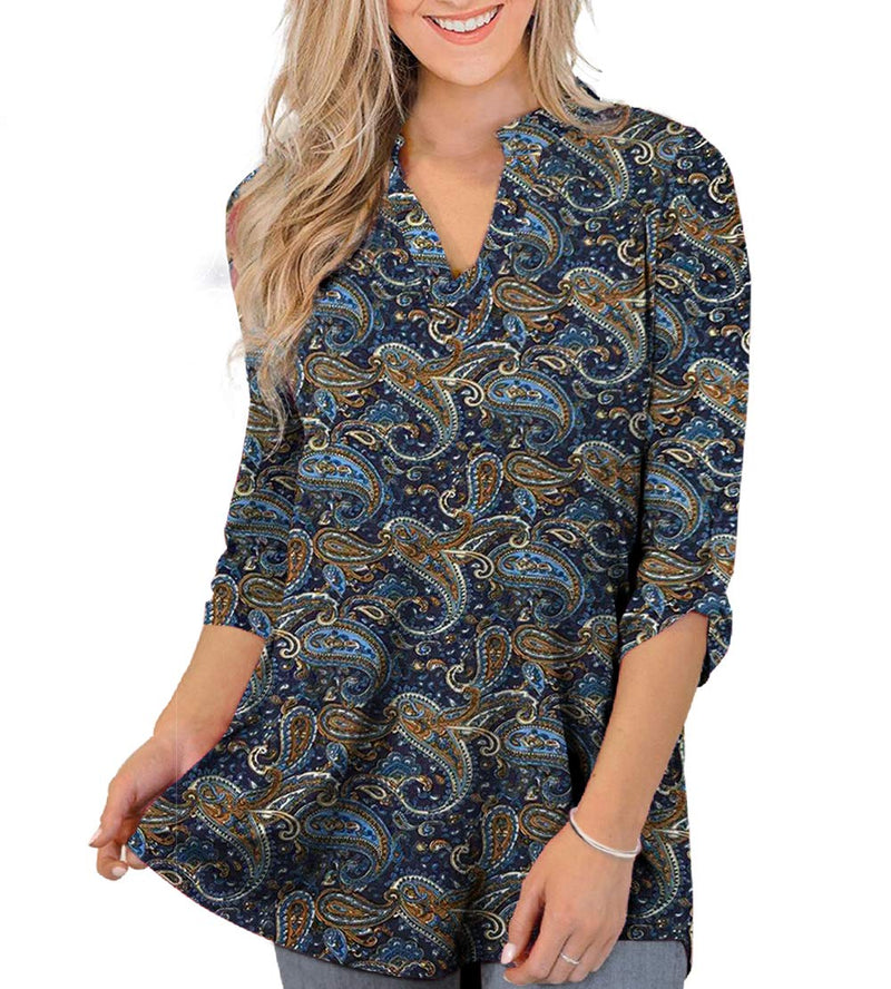 Othyroce Womens Floral Printed Tunic Tops 3/4 Roll Sleeve V Neck Blouses Long Sleeve Shirts for Women 1X 3/4 Sleeve Color_2 - BeesActive Australia