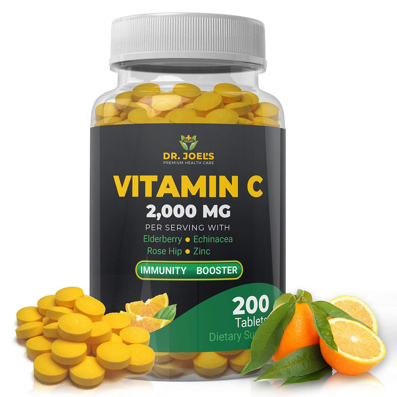 Dr. JOEL'S Immune Support Vitamin C 2000 mg - 200 Tablets - with Zinc, Elderberry, Rose Hip, Echinacea - Boosts Immune System- Made in USA 200 Count (Pack of 1)