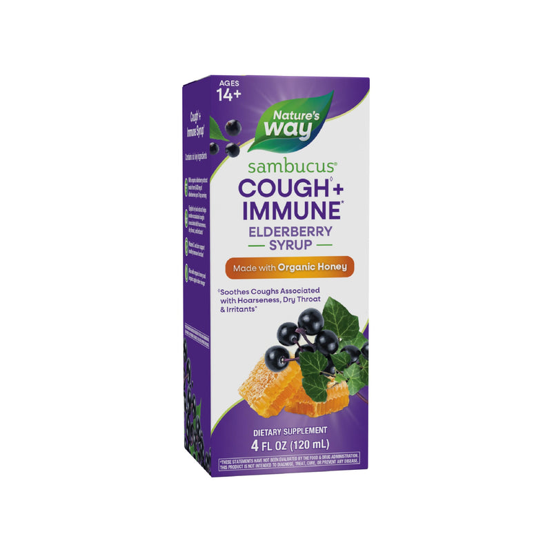 Nature's Way Sambucus Cough + Immune* Elderberry Syrup, Honey, 4 Fl Oz | 4 Fl Oz, Soothes Coughs Associated with Hoarseness, Dry Throat, and Irritants* Vitamin C, Zinc, Organic Honey