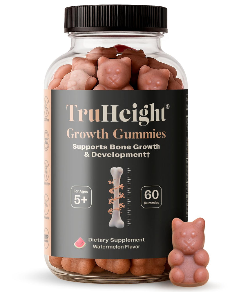 TruHeight Growth Gummies (Watermelon) Tall Nutrition for Natural Growth Supplement for Kids & Teens - Vitamin D, K, Calcium & Ashwagandha, Bone Strength Vitamins D3 K2, Picky Eater, Taller Ages 5+ 60 Count (Pack of 1) Watermelon