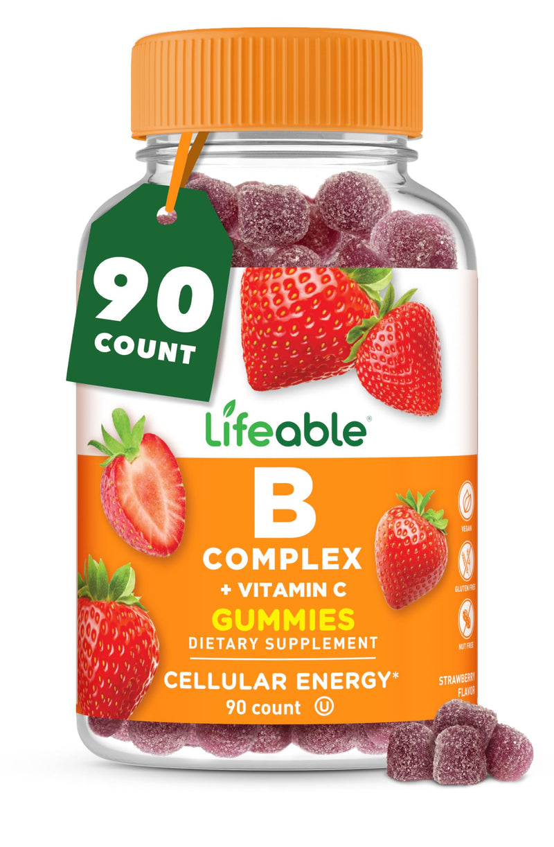 Lifeable Vitamin B Complex Gummies with Vitamin C for Women and Men, Vegan | Supports Cellular Energy and a Healthy Nervous System - 90 Gummies, 3 Month Supply, Kosher and Halal, Third Party Lab Tested