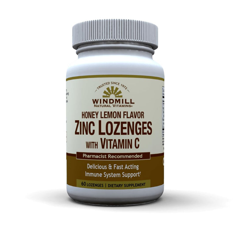 Windmill Health Products Natural Vitamins Zinc Lozenges with Vitamin C Honey Lemon Flavor, Immune System Support, Provides Antioxidant Support, Delicious & Fast Acting, 60 Lozenges, 60 Servings. 60 Count (Pack of 1)