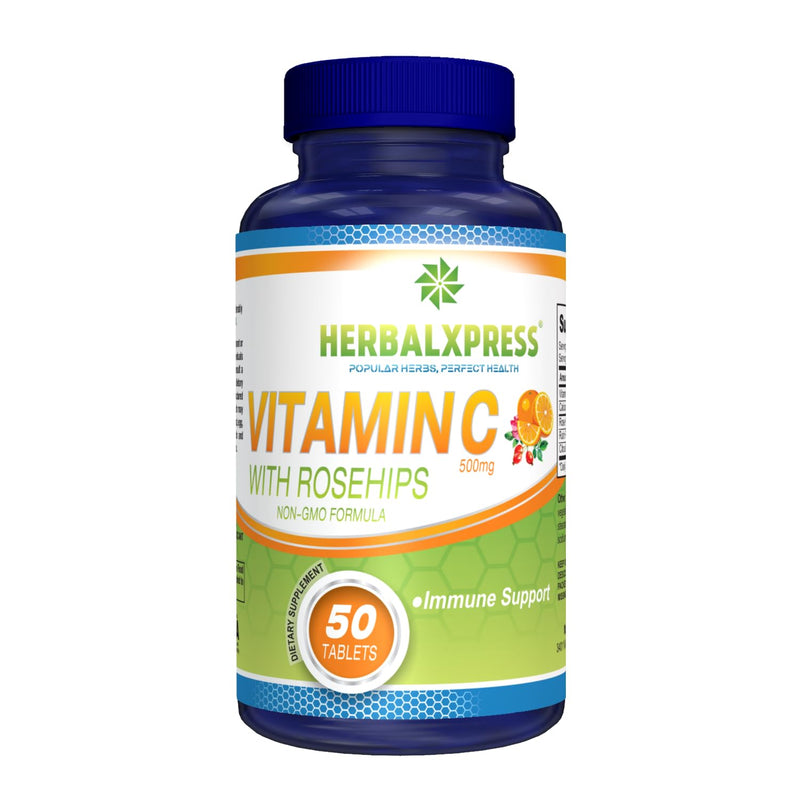 Herbalxpress Vitamin C 500mg with Rose Hips, Ascorbic Acid & Citrus Bioflavonoids 50 Tablets (1 Tub) - The Powerful Duo:- A Complementary Approach to Boost Your Immune System.