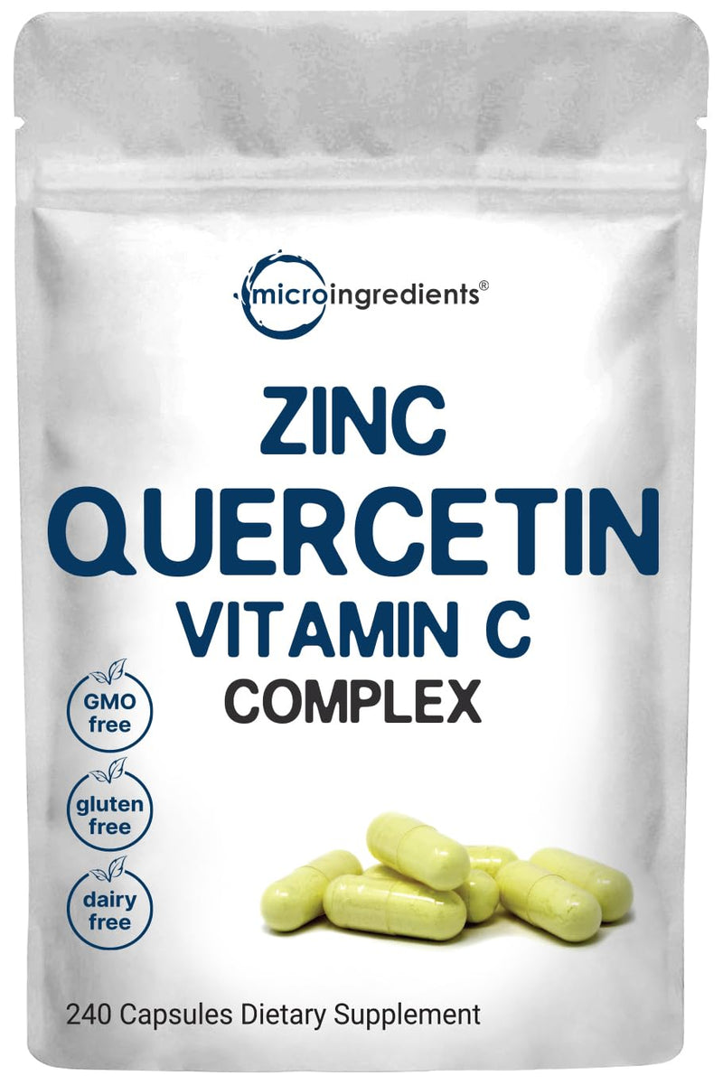 Micro Ingredients Quercetin with Vitamin C and Zinc, 240 Capsules | Quercetin 500mg, Vitamin C 500mg, Zinc 50mg (Picolinate, Citrate, Glycinate, Gluconate) | Complete Immune Support Supplements - BeesActive Australia