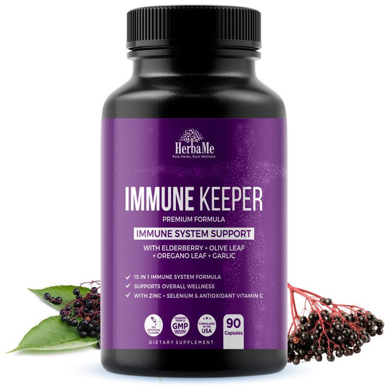 HerbaMe Immune Support Supplement with Elderberry, Quercetin & Zinc | 15-in-1 Formula with Vitamin C, Selenium, Olive Leaf, Garlic for Daily Health, Wellness & Antioxidant Support, 90 Capsules