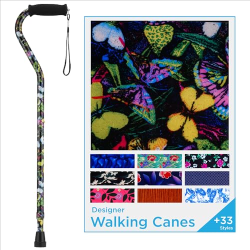 NOVA Offset Walking Cane for Seniors, Men & Women – Lightweight Adjustable Walking Cane with Soft Foam Grip, Wrist Strap, Anti-Rattle Lock & Non-Slip Tip – Stylish Mobility Aid Butterfly