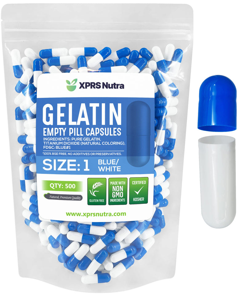 XPRS Nutra Size 1 Empty Capsules - 500 Count Empty Gelatin Capsules - Pill DIY Capsule Filling - Pure Bovine Pill Gel Caps for Do-It-Yourself Supplements (Blue/White) 500 Count (Pack of 1) Blue / White