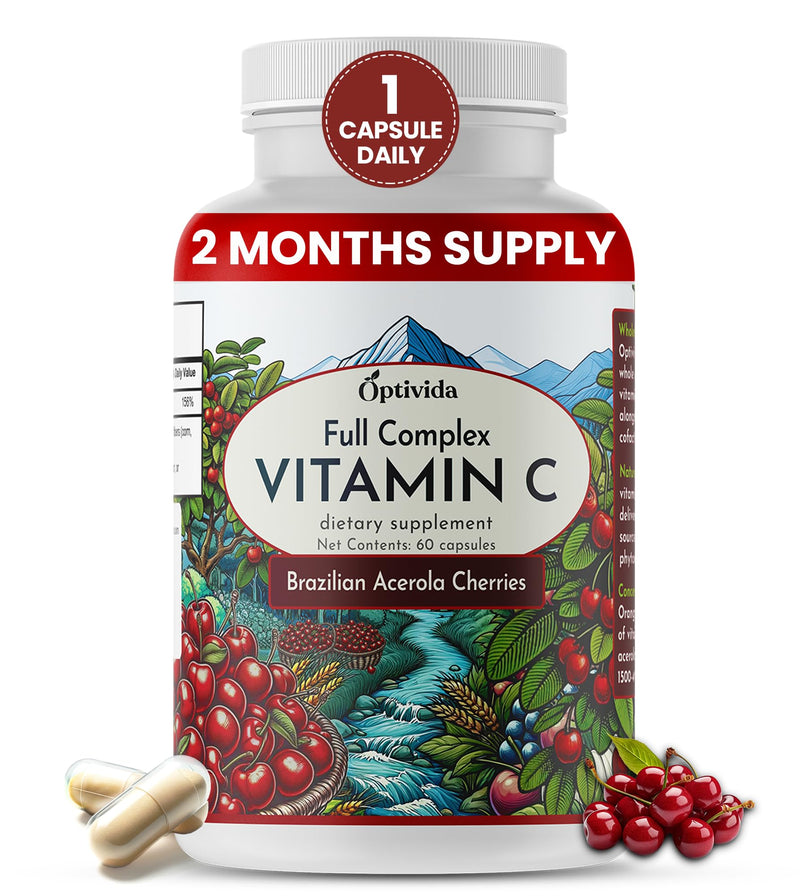 Acerola Cherry Capsules , Plant-Based Vitamin C for Immune Support - 60ct | Brazilian Acerola Cherry Vitamin C Enhances Absorption – Supports Skin, Joints & Immune Health – Gluten Free, GMP Certified