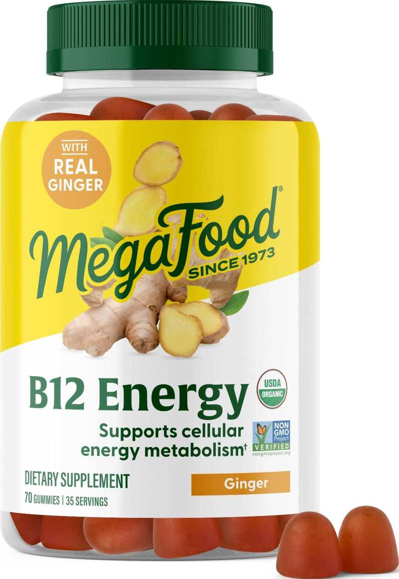 MegaFood Vitamin B12 Energy Gummies, USDA Organic, Ginger, 70 Gummies | With Methylated B12, Supports Cellular Energy, Brain & Nervous System Health, For Kids, Teens & Adults, Vegan, 35 Servings