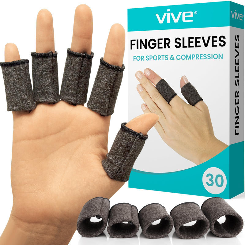 Vive Finger Sleeves (30 Pack) - Compression Cushion for Arthritis, Swelling, Joint Pain Relief - Thumb & Index Guard Wraps Basketball, Golf, Crochet, Writing, & More - Support Protectors for Sports Gray