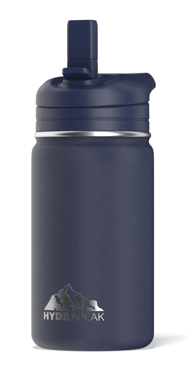 Hydrapeak Mini 14oz Kids Water Bottle with Straw Lid, Stainless Steel Double Wall Insulated Water Bottle for Kids | Leak-Proof and Spill-Proof Kids Water Bottle for School, 24 Hours Cold (Navy) Navy - BeesActive Australia