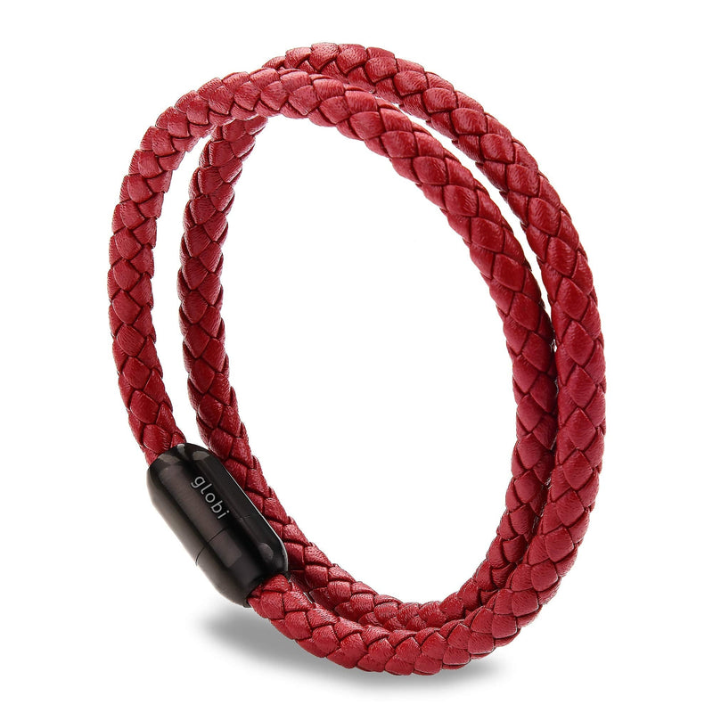 globi Leather Bracelet For Men | Genuine Wrap Braided Leather Cuff Bangle Bracelet with Magnetic Stainless Steel Clasp For Men/Women Red 8 Inches - BeesActive Australia