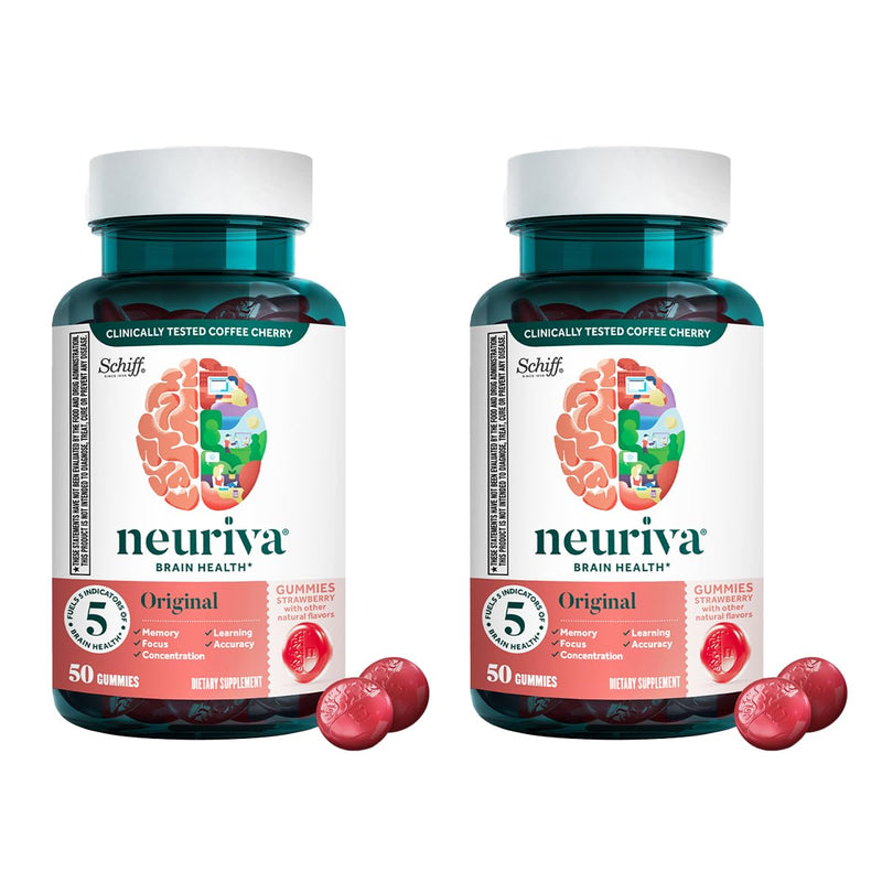 NEURIVA Original Brain Supplement for Memory, Focus & Concentration with Clinically Tested Nootropics Phosphatidylserine and Neurofactor, Strawberry Flavor, 50 Gummies (2 Pack) 50 Count (Pack of 2)