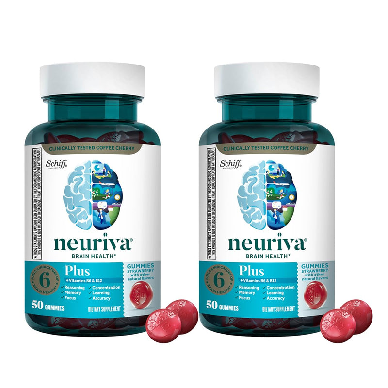 NEURIVA Plus Decaff Nootropic Brain Supplement for Memory, Focus & Concentration & Cognitive Function, Clinically Tested NeuroFactor, Phosphat, Vitamins B6 B12, 50ct Strawberry Gummies (Pack of 2) 50 Count (Pack of 2) Brain gummies