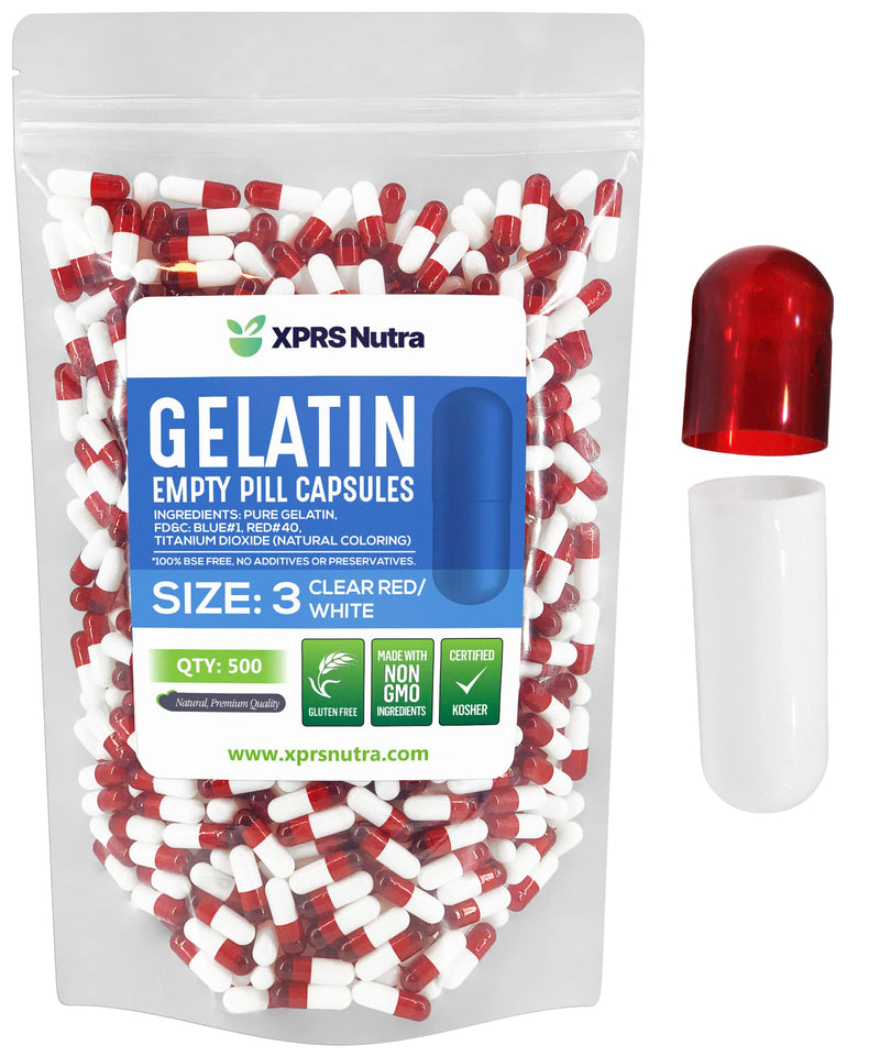 XPRS Nutra Size 3 Empty Capsules - 500 Count Empty Gelatin Capsules - Pills for DIY Capsule Filling - Pure Bovine Pill Gel Caps Fillable for Do-It-Yourself Vitamins and Supplements (Clear Red/White) 500 Count (Pack of 1) Clear Red / White