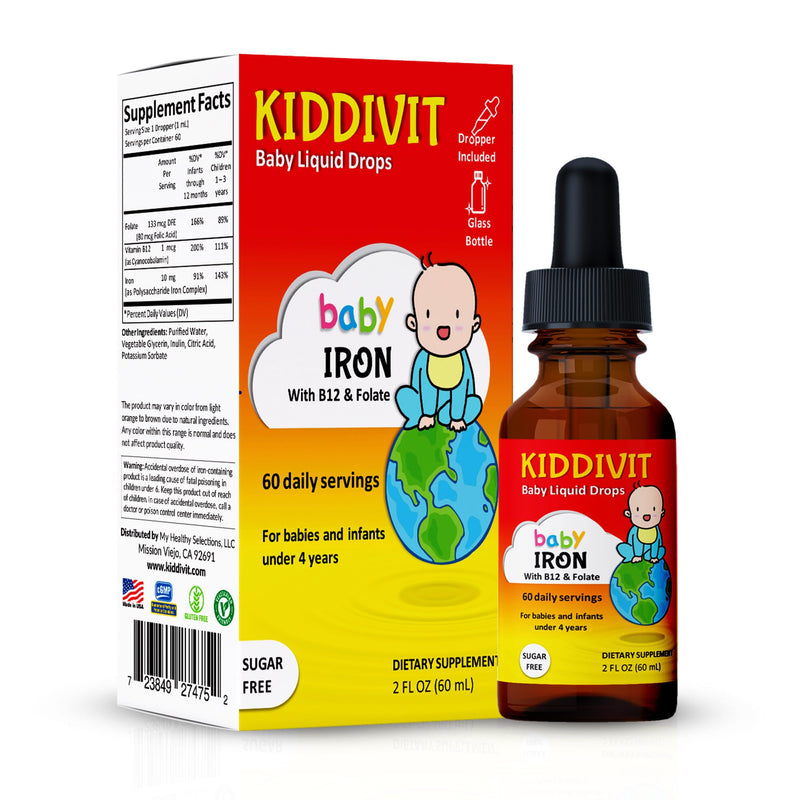 Baby Iron Liquid Drops with Vitamin B12 & Folate – Gentle Iron Support Supplement – 60 Daily Servings, Inulin Fortified Prebiotic Fiber – Sugar Free, Gluten Free, Vegetarian, 2oz