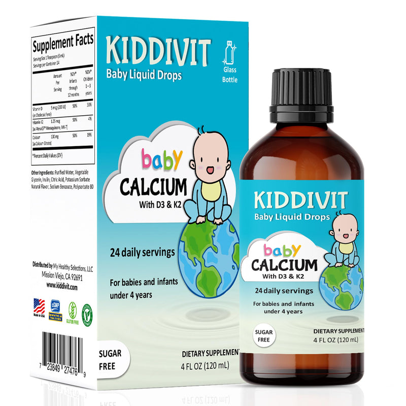 Baby Calcium Liquid Drops with Vitamin D3 & K2 – Gentle Bone & Growth Support Supplement – 24 Daily Servings – Inulin Fortified Prebiotic Fiber – Sugar Free, Gluten Free, Vegetarian, 4oz