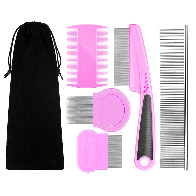 Flea Comb For Dogs Cat Comb Lice Comb Metal Tear Stain Dog Combs Pet Comb Grooming Set 5 Pieces By BENSEAO Teeth Durable Remove Float Hair Combing tangled hair Dandruff Add Storage Pouch (pink) Pink - BeesActive Australia