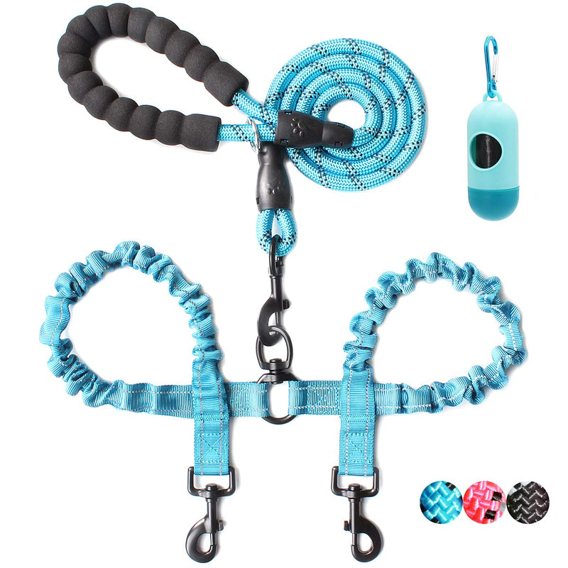 BAAPET Double Dog Leash, 4 FT Rope Dog Leash with Tangle Free Shock Absorbing Bungee and Poop Bags for Dual Small Medium Large Dogs (Medium/Large, Blue) Medium/Large (25~150 lbs.) - BeesActive Australia