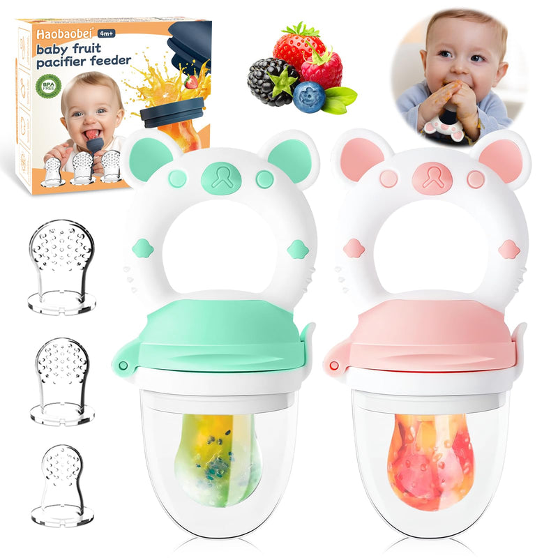 Baby Fruit Feeder with with 2 Extra Teats, Toddler Eating Essentials, BPAFree Feeding Supplies, Silicone Fresh Food Feeder for Safe Infant Self Feeding (Bear- Blue Pink) Q Bear - Blue Pink - BeesActive Australia