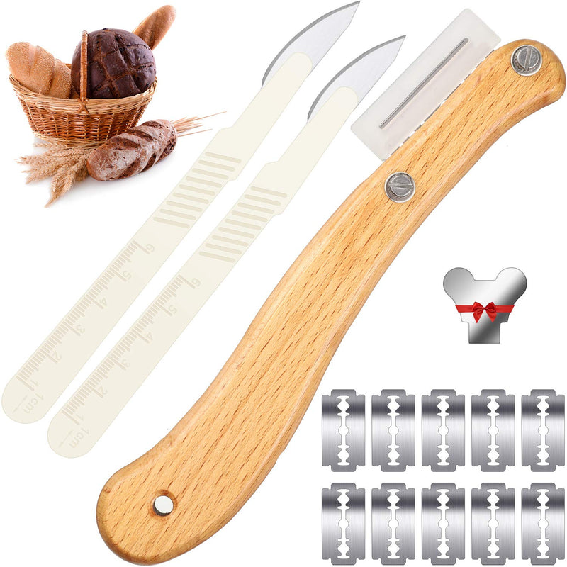Bread Lame Knife with 10 Pieces Replaceable Blades Wooden Handle Lame Slashing Tool and 2 Pieces Dough Scoring Knife with Protective Cover for Making Bread Tool (Classic Style) Classic Style - BeesActive Australia