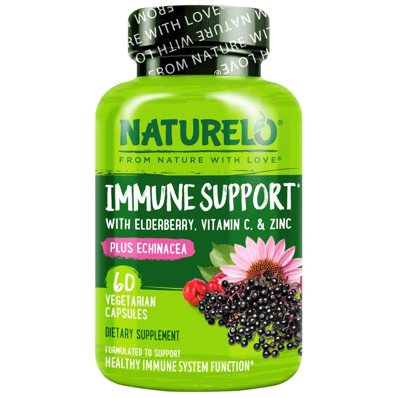 NATURELO Immune Support Supplement, Elderberry Vitamin C, 60 Vegan Capsules | Echinacea capsules with zinc, Immune Health, Natural Immunity Boost w/Antioxidant, Herbal & Mineral Defense
