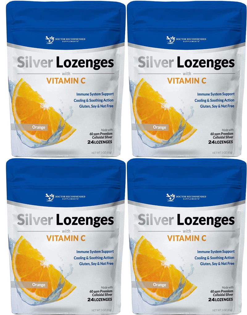 Silver Lozenges with Vitamin C - Premium Nano Silver 60 PPM Colloidal Silver, Organic Honey and Vitamin C Mineral Supplement Drops to Support Immune System, Soothe Cough & Throat - Pack of 4 Orange 24 Count (Pack of 4)