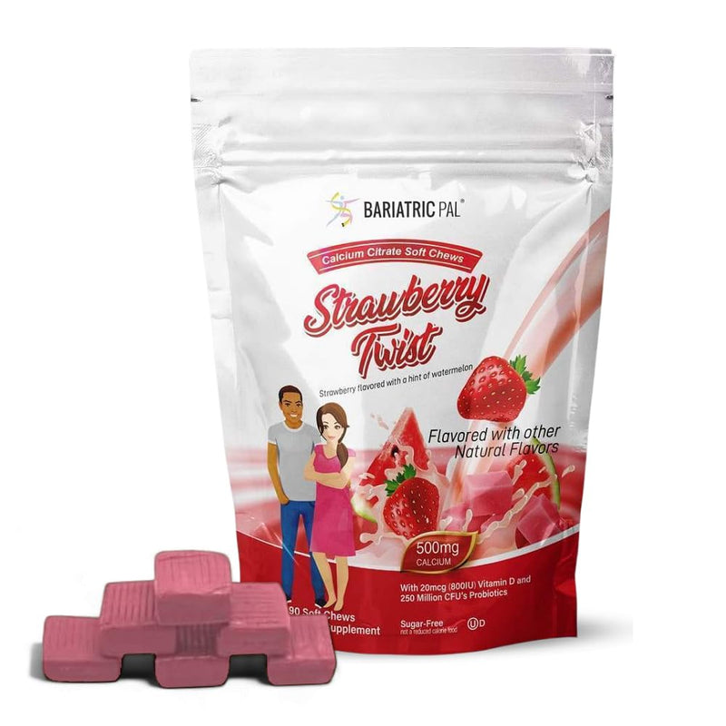 BariatricPal Sugar-Free Calcium Citrate Soft Chews | 500mg with Vitamin D & Probiotics | Strawberry Twist | 90 Count (1 Month Supply) - BeesActive Australia