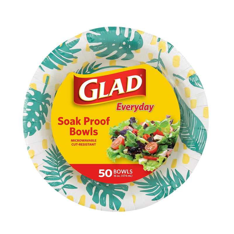 Glad Disposable Heavy Duty Cut Resistant Microwave Safe Paper Bowls with Palm Leaves Design for Hot Soup and Ice Cream for Everyday Use, 16 Oz, 50 Count 16 Ounce - 50 Count Green - BeesActive Australia