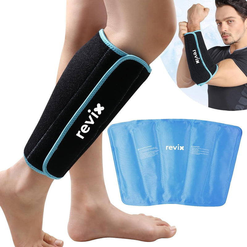 REVIX Shin Ice Pack Reusable Leg Ice Pack Wrap Cold Therapy Compression Sleeve for Calf, Elbow, Arm and Knee Discomfort Recovery and Support, 360° Full Coverage Black-Regular Size-1 Pack 1.0 - BeesActive Australia