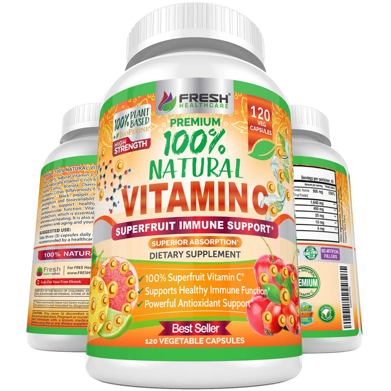 Fresh Healthcare Vitamin C 500mg Capsules, Whole Food Natural Supplement from Rose Hips, Acerola Cherry and Camu Camu with Citrus Bioflavonoids and BioPerine for Immune Support, 120 Vegan Pills