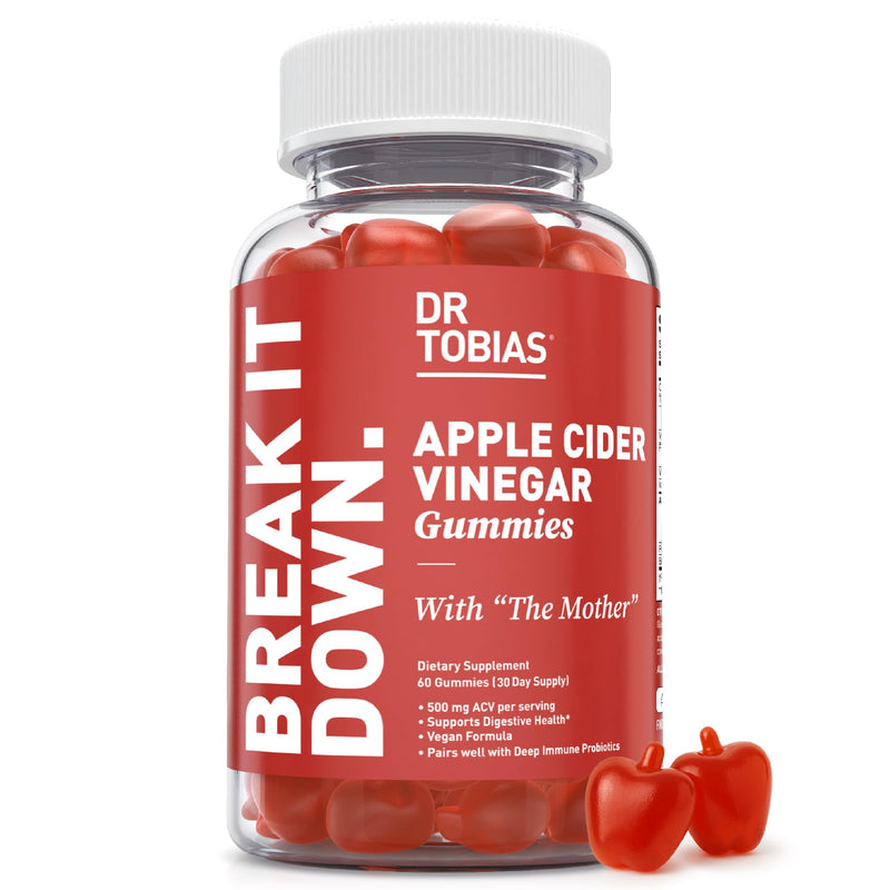 Dr. Tobias Apple Cider Vinegar Gummies with The Mother 60 Count | Digestive & Daily Wellness Support | 500 mg ACV | Folate + B6 + B12 + Iodine | Vegan | 30 Servings 60 Count (Pack of 1)