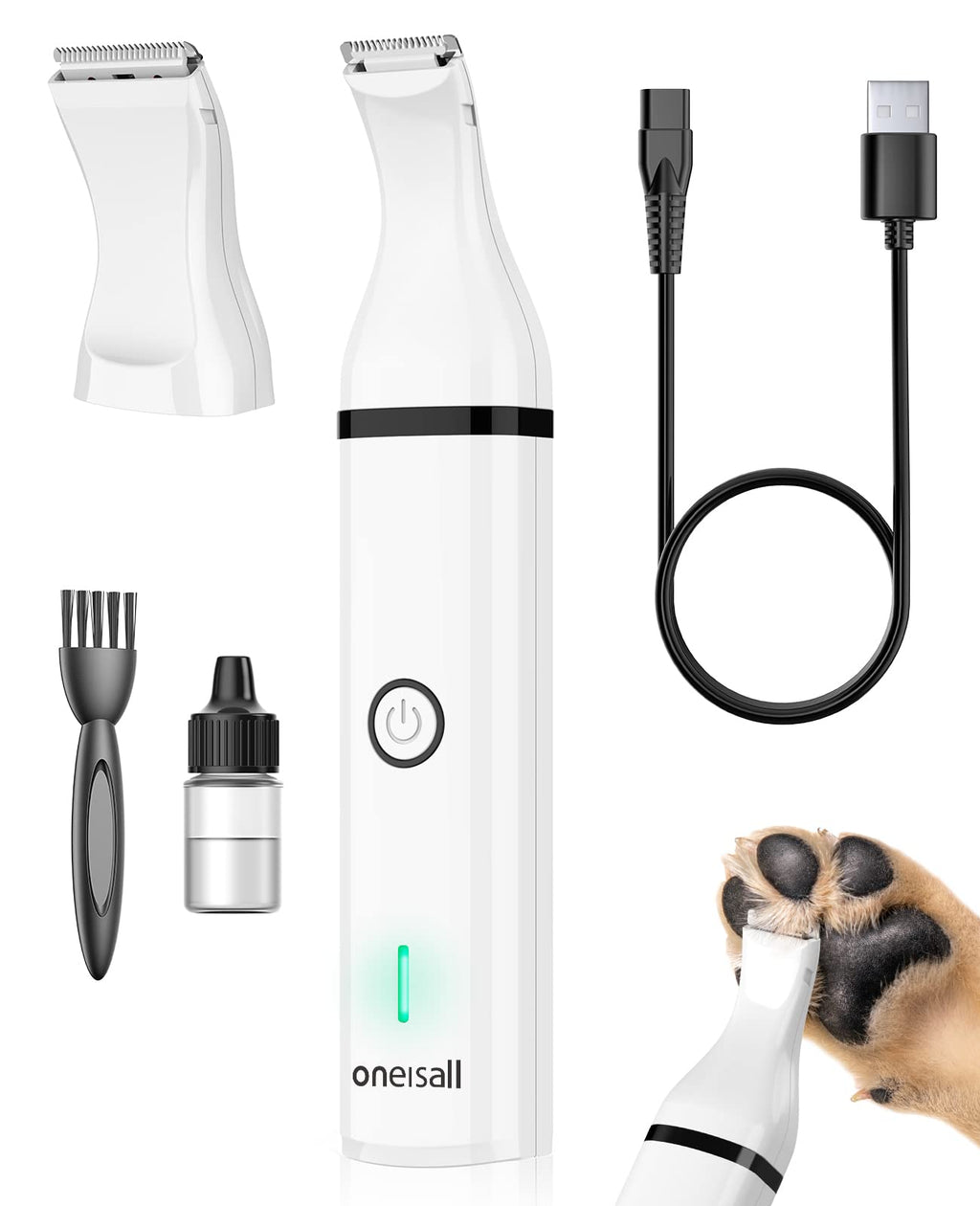 oneisall Dog Clippers with Double Blades,Cordless Small Pet Hair Grooming Trimmer,Low Noise for Trimming Dog's Hair Around Paws, Eyes, Ears, Face, Rump (White) White