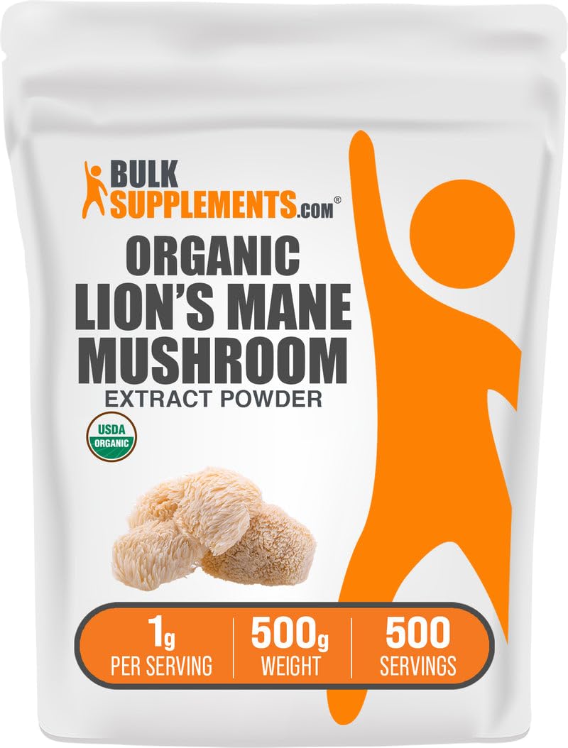 BulkSupplements.com Organic Lion's Mane Mushroom Extract Powder - Mushroom Supplement, Brain Supplement for Memory and Focus Support - Vegan, 1g per Serving, 500g (1.1 lbs) (Pack of 1) 17.64 Ounce (Pack of 1)