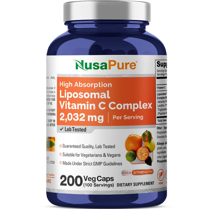 Liposomal Vitamin C, Non-GMO, Vegan, 2032mg, 200 Veggie Caps - 100 Servings | Dietary Supplement Formula, High Absorption Ascorbic Acid & BioPerine, Suitable for Adults, Manufactured in cGMP Facility USA 200 Count (Pack of 1)
