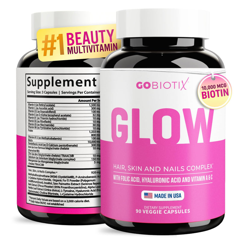 GOBIOTIX Hair, Skin & Nails Vitamins for Women — 10,000mcg Biotin, Hyaluronic Acid & MSM — 28 Vitamins with Folate & Iron — Supports Hair & Nail Growth — 90 Capsules 90 Count (Pack of 1)