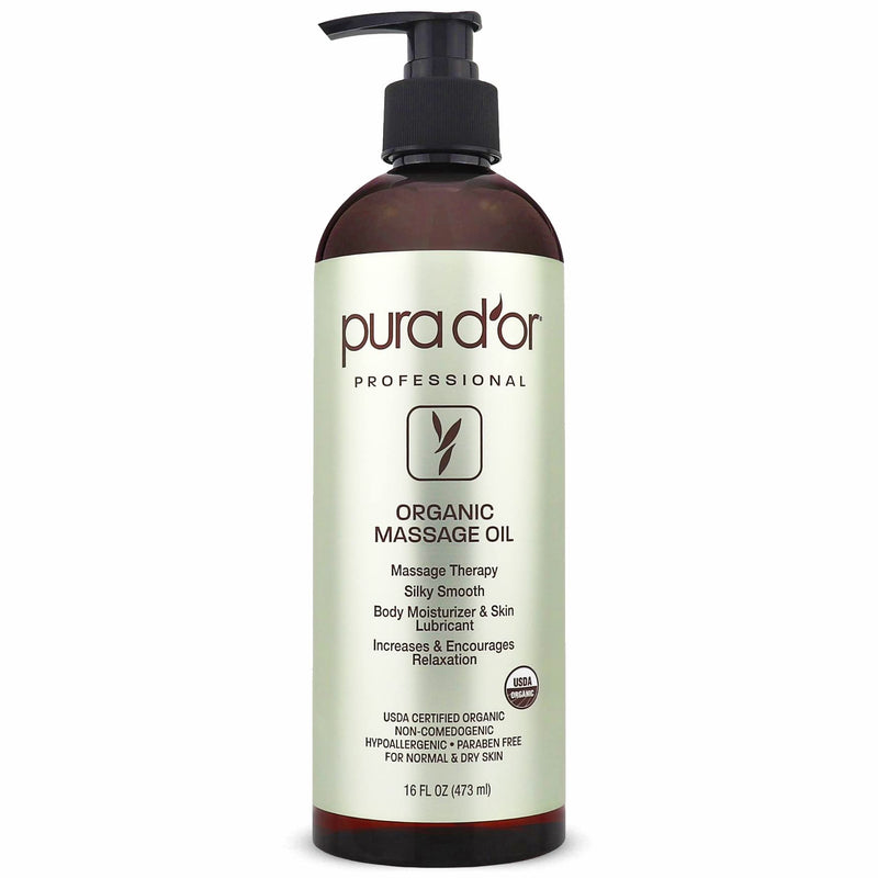 PURA D'OR 16 Oz ORGANIC Massage Therapy Oil USDA Certified Almond, Apricot, Argan, Ginger, Jojoba, Lavender Oils For Silky & Softer Skin - Body Moisturizer & Skin Lubricant - Aromatherapy & Relaxation